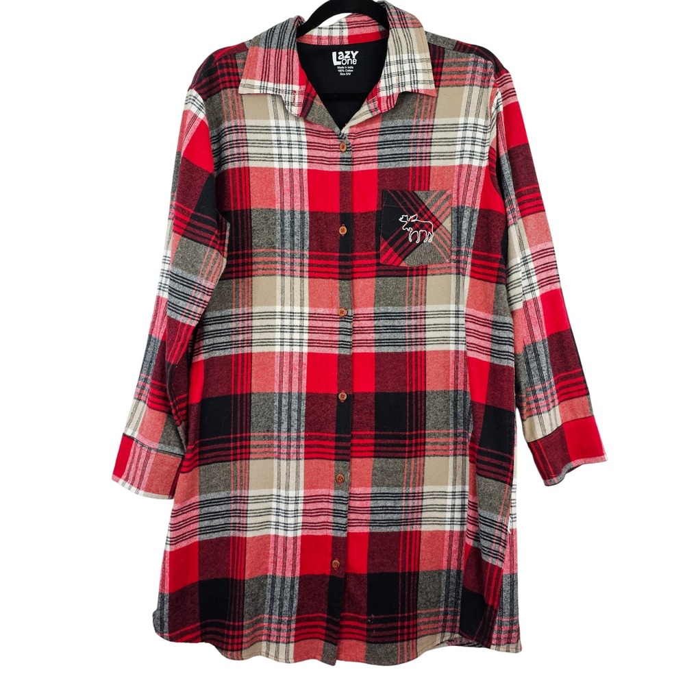 Lazy One Women's Plaid Flannel Night Dress Small/Medium Button Down Moose